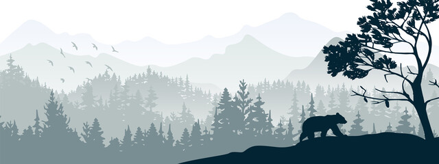 Silhouette of bear climb up hill. Tree in front, muntains and forest in background. Magical misty landscape. Illustration, horizontal banner.