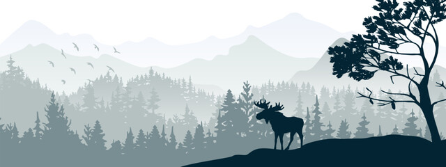 Silhouette of moose on hill. Tree in front, mountains and forest in background. Magical misty landscape. Illustration, horizontal banner. - obrazy, fototapety, plakaty