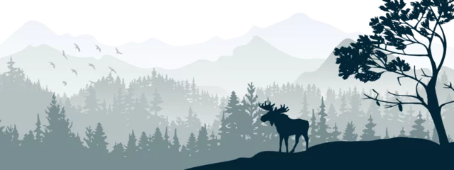Rolgordijnen Silhouette of moose on hill. Tree in front, mountains and forest in background. Magical misty landscape. Illustration, horizontal banner. © Anna
