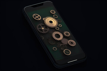 Generative AI illustration with top view of modern mobile phone having black screen with vector gears placed over black background