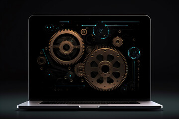 Generative AI illustration of opened blank laptop with intersecting colorful gears over screen and on dark background
