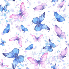 Cute butterflies hand drawn watercolor seamless pattern. Delicate blue and purple color butterflies with watercolor splash, watercolor illustration on white background.