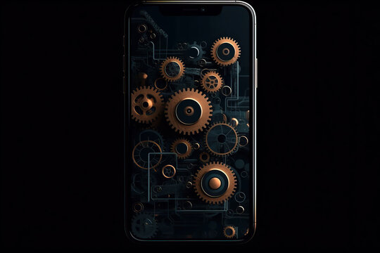 Generative AI illustration with top view of modern mobile phone having black screen with vector gears placed over black background