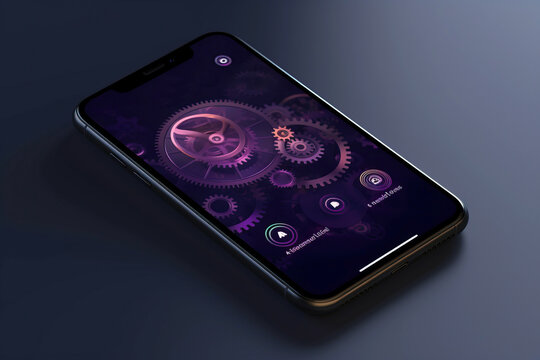 Generative AI illustration of modern mobile phone with cogwheels on screen placed near gears against blue background
