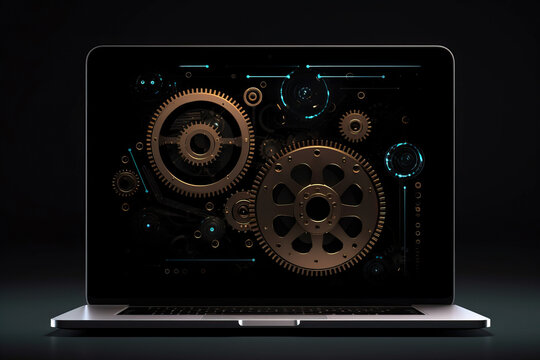 Generative AI illustration of opened blank laptop with intersecting colorful gears over screen and on dark background