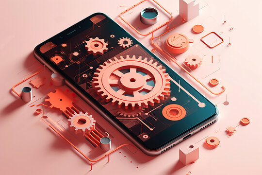 Generative AI illustration of modern mobile phone with cogwheels on screen placed near gears against pink background