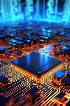 close up of a microchip circuit interior of a computer with neon lights in detail, circuit board.