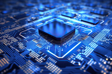 close up of a microchip circuit interior of a computer with neon lights in detail, circuit board.