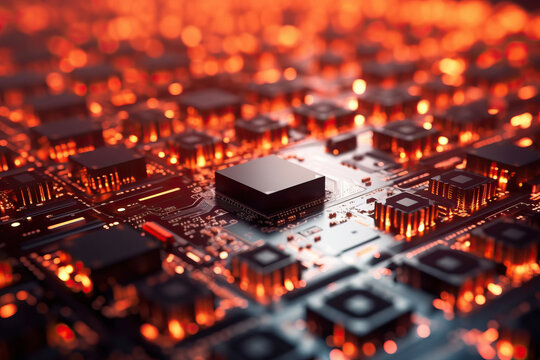close up of a microchip circuit interior of a computer with neon lights in detail, circuit board.