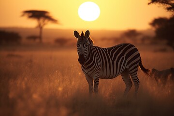 Fototapeta na wymiar illustration, zebra at sunset in african national park, ai generative