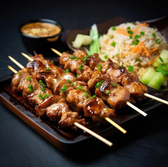 A dish of chicken yakitori kebabs on wooden skewers