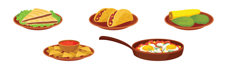 Traditional Mexican Dish and Food Served for Restaurant Menu Vector Set