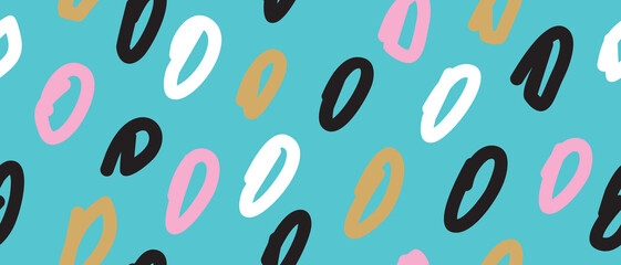 Cute Hand Drawn Abstract Polka Dots Vector Pattern. Pastel Pink Circles, Black, White and Gold Circles isolated on a Blue Background. Simple Irregular Dotted Vector Print ideal for Wrapping Paper. 