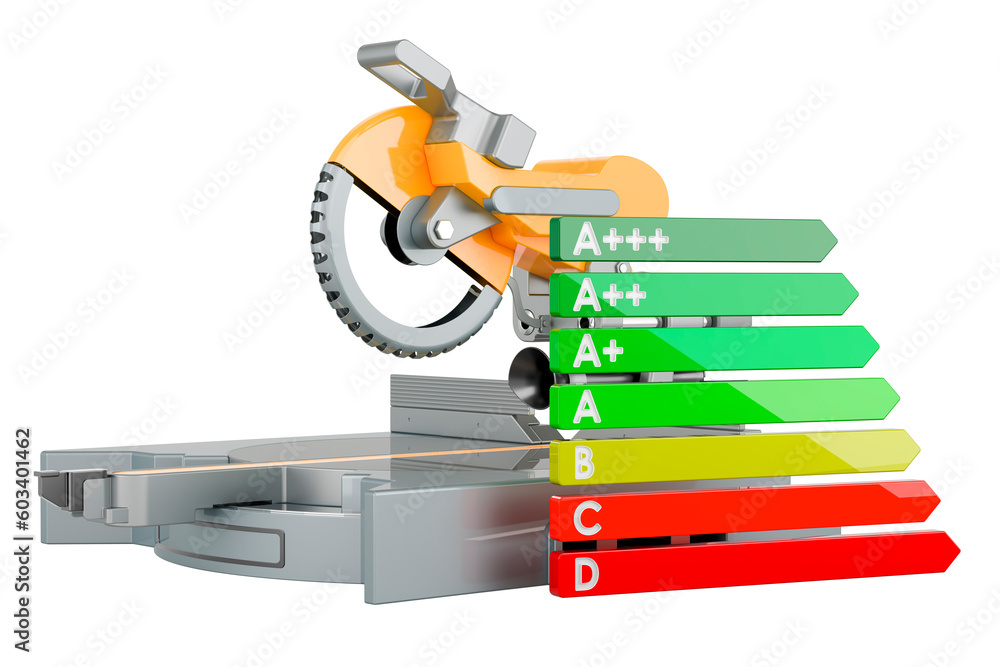 Poster table circular saw with energy efficiency chart, 3d rendering