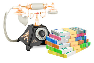 Old-fashioned phone with money, euro packs. 3D rendering