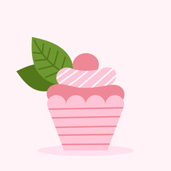 Sweet cake basket with pink cream and leaves. Sweets and pastries. Flat vector illustration isolated on white background