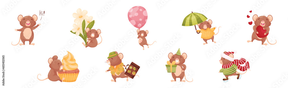Poster cute mouse character engaged in different activity vector set