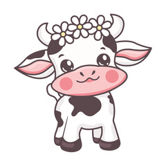 Vector cartoon cute cow character mascot for milk flar style isolated with daisy