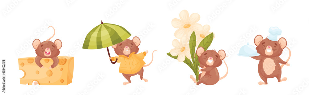 Poster cute mouse character engaged in different activity vector set