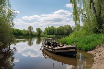 Obraz premium illustration, the post of the boat in the river, generative ai.