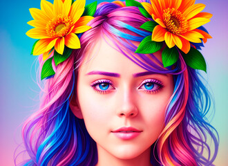 Naklejka premium Portrait beautiful girl with flowers on her head. Woman with flower arrangement on head. Generative AI.