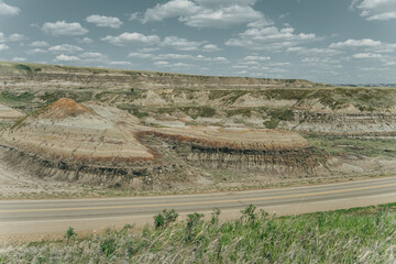Sun setting over Dinosaur Provincial Park, a UNESCO World Heritage Site in Alberta, Canada.