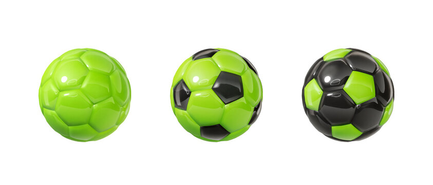Green and black glossy football balls isolated design elements on transparent background. Colorful soccer balls collection. 3d design elements. Sports close up icons