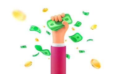 Jackpot winning celebration. Lottery winner illustration. Human hand catch stack of bills. Falling money and cartoon arm on transparent background. Design elements. © Oleg