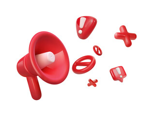 Prohibition design elements. Attention of warning, danger, fake news or safety caution information. Prohibition of meetings, referendum, strikes and protests. Red loudspeaker with prohibition icons