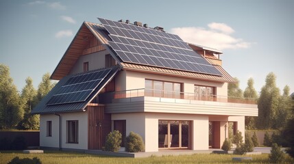Full view of modern house with Solar panels on the roof . 3D rendering illustration by ai generative