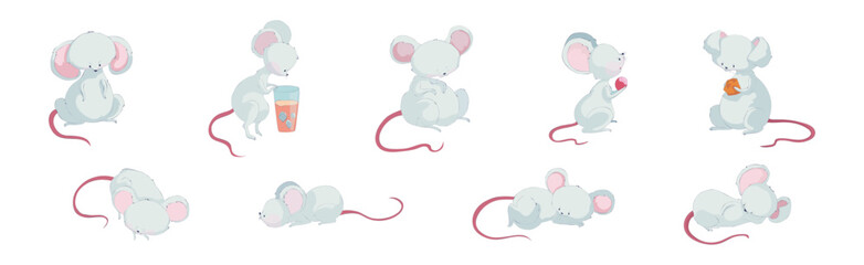 Funny White Mouse Character with Long Pink Tail Vector Set