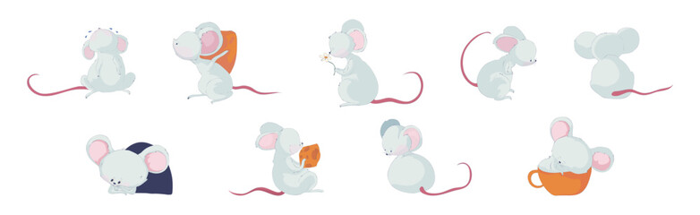 Funny White Mouse Character with Long Pink Tail Vector Set