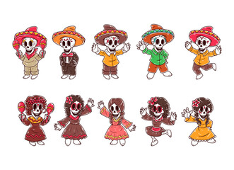 Set of skull character hand-drawn illustration, day of the dead character.