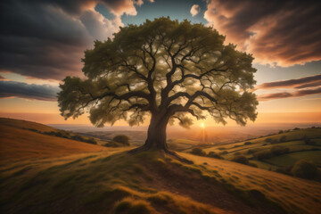 Fototapeta na wymiar View of oak tree on hill against cloudy sky during sunset. Lonely green oak tree in the field. Old oak tree in an English meadow. Generative AI
