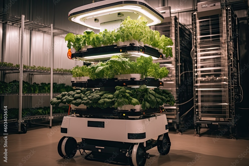 Wall mural autonomous delivery robot at vertical farming hydroponics facility, modern sustainable carbon neutra