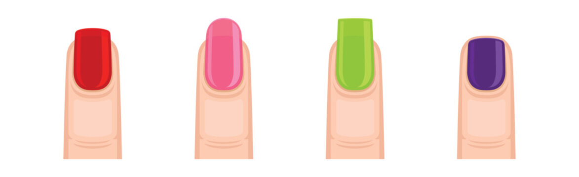Colorful Female Finger with Nail Form and Shapes Vector Set