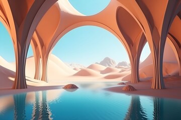 Abstract oasis background. Desert landscape with sand water and mirror arches under the clear blue sky 