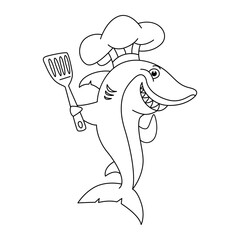 Funny chef shark cartoon characters vector illustration. For kids coloring book.