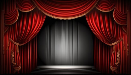 Fototapeta premium Empty podium scene with a red curtain and spotlights. Concert, show, performance by ai generative