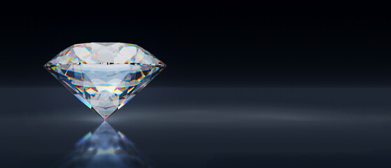 Rich dimond on black background. Realistic shining white diamond jewel. 3d illustration