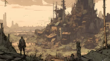 Fototapeten A post-apocalyptic comic landscape created with generative AI © VirtualCreatures