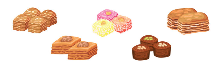 Turkish Delight or Arabic Sweet and Sugary Dessert Vector Set