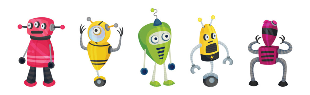 Cute Little Robot with Metal Parts Vector Set