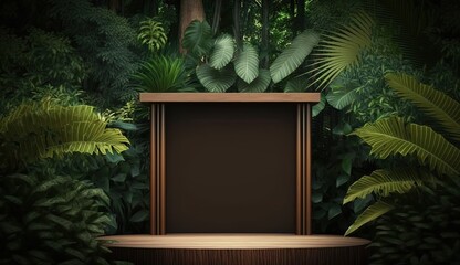 Wooden podium in tropical forest for product presentation by ai generative