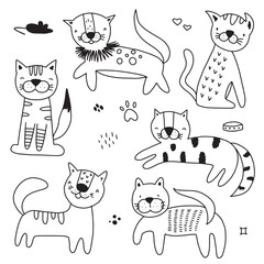 Set with cute cats in different poses in doodle style. Hand drawn vector illustration isolated on white background for baby fabric.
