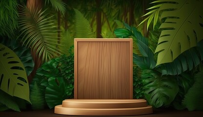 Wooden podium in tropical forest for product presentation by ai generative