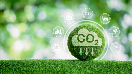 reducing carbon emissions carbon neutral concept Net zero emission target, green background with icons.