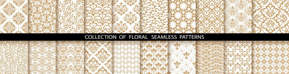 Geometric floral set of seamless patterns. White and gold vector backgrounds. Damask graphic ornaments