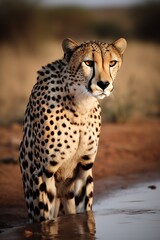 illustration, leopard in the savannah drinking water, generative ai.