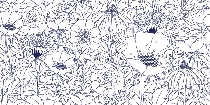 Seamless Flower composition. Full vector illustration with White background. Fully editable stroke
